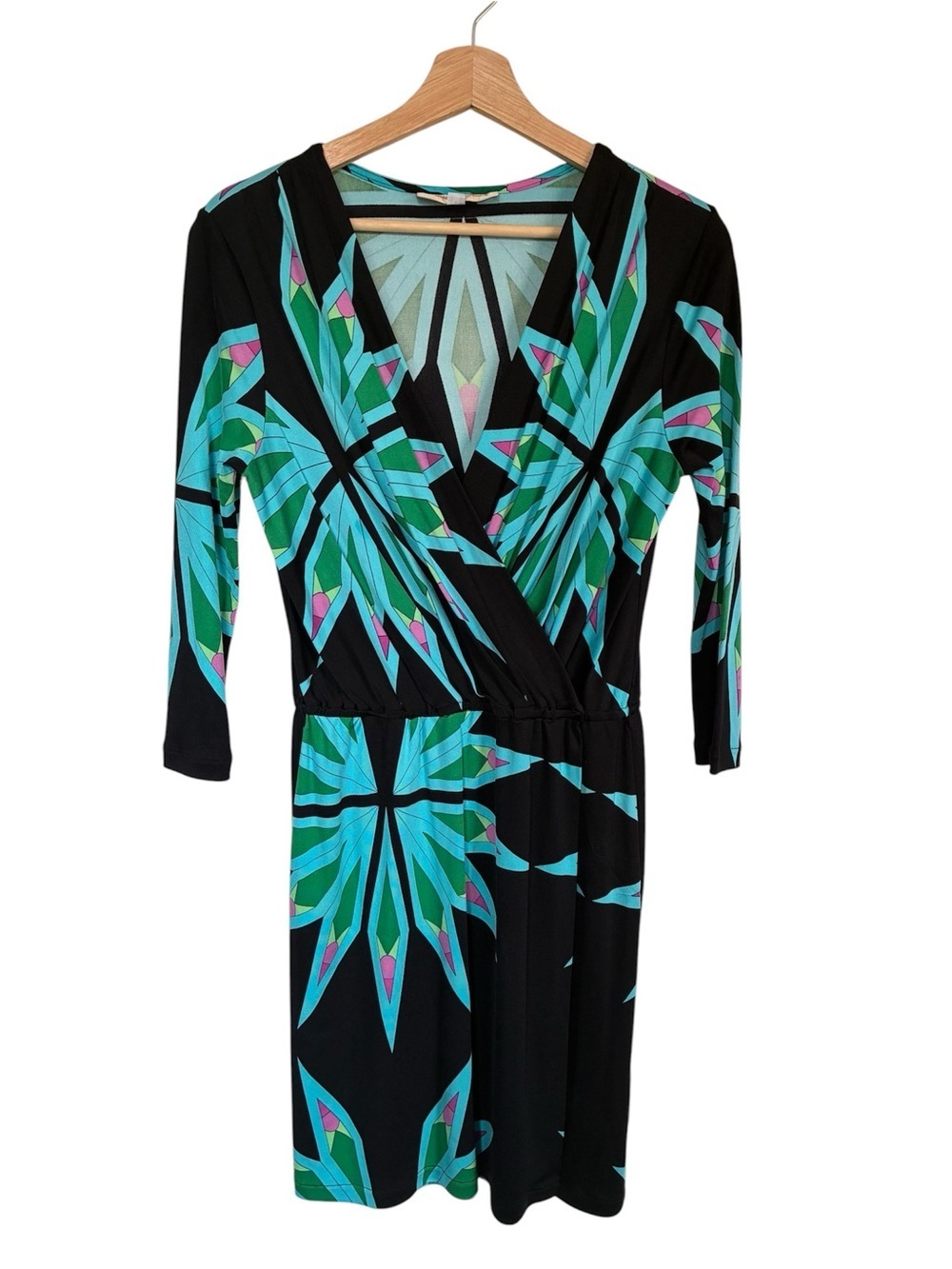 Mara Hoffman 100% Silk Faux Wrap Dress Black Geometric Artsy Medium